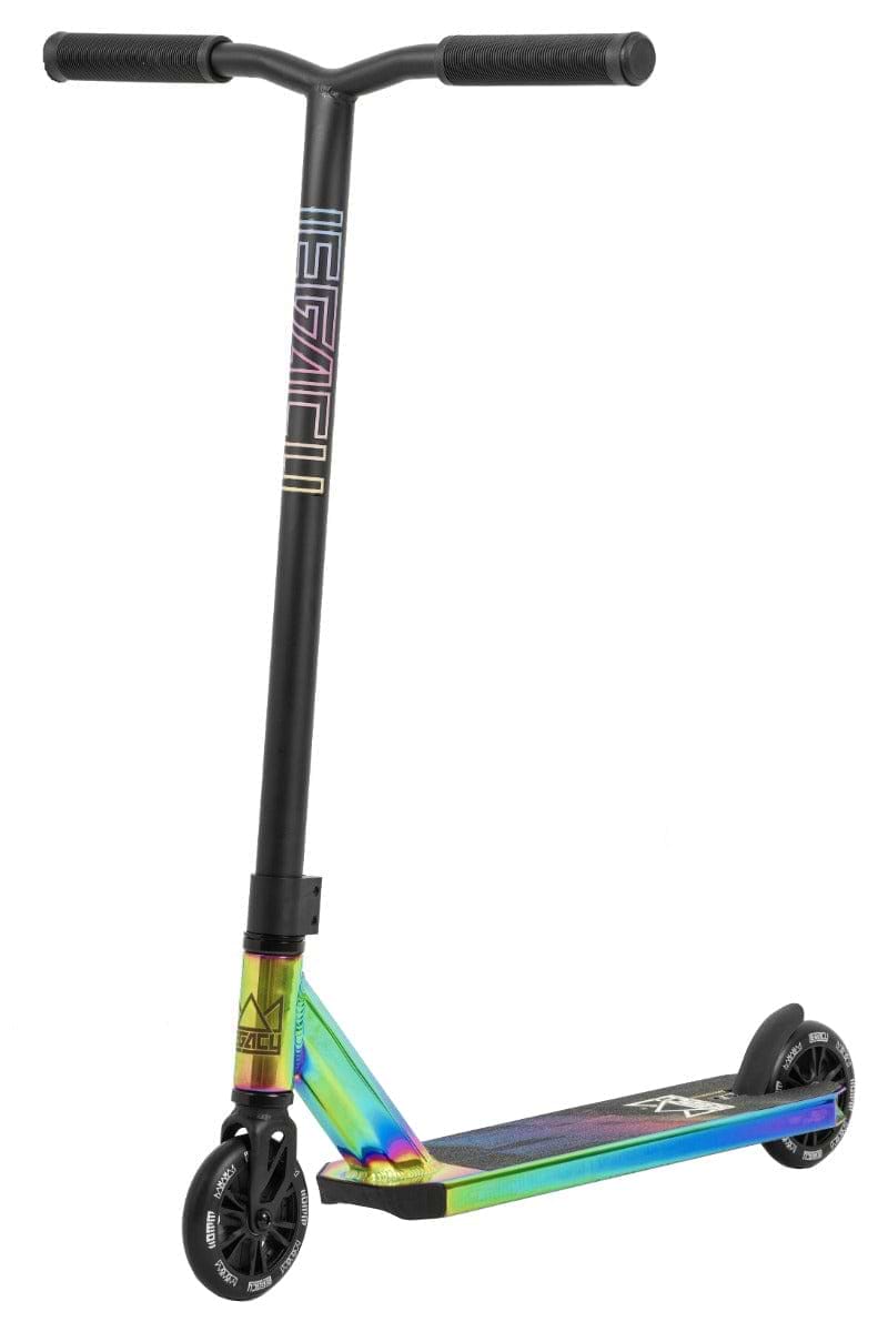 The Legacy 1.5 Pro Complete Stunt Scooter by Legacy features a rainbow neochrome deck, black handlebar and wheels, and a sleek design—ideal for riders who want style and durability.