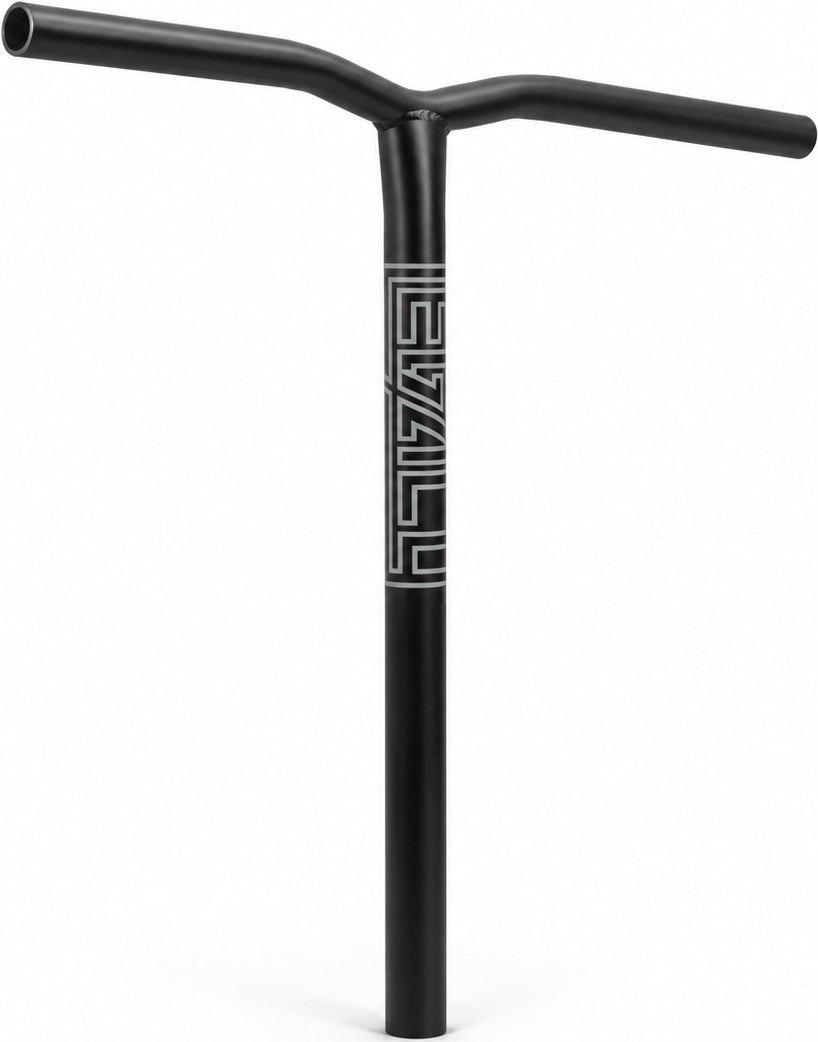 Legacy Ventus Steel Standard IHC Stunt Scooter Bars in black, featuring a T-shape design and a stylized logo on the vertical compression stem.