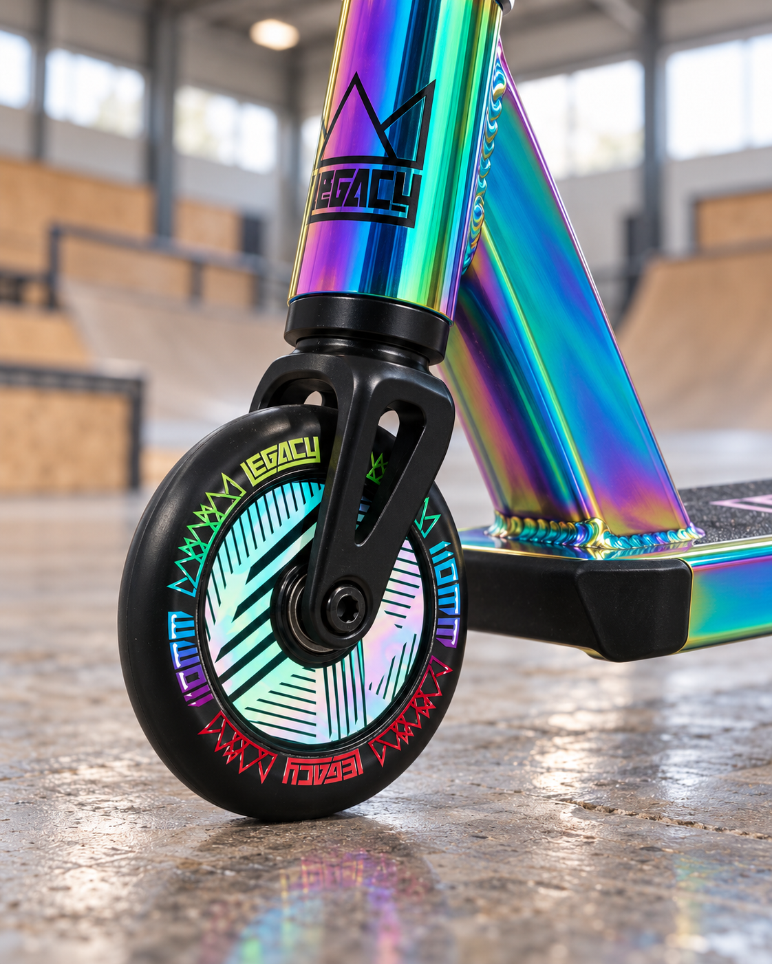 A Legacy Ventus 1.5 Pro 110mm Stunt Scooter Wheel with a black rim and colorful graphic design, attached to a neochrome scooter fork and frame in an indoor skatepark.
