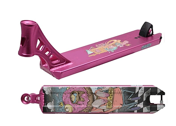 The Chubby Loco Doughnut King Pink Stunt Scooter Deck by Chubby, measuring 4.5" x 19.5", features a vibrant design underneath with a cartoon character sporting a donut-shaped head in a T-shirt. Its sleek metallic finish makes this lightweight deck perfect for showcasing style during tricks.