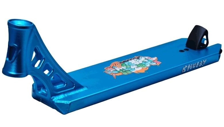 Introducing the Chubby Loco Marshmallow Boy Blue Stunt Scooter Deck, measuring 4.5" x 19.5", from Chubby. This deck features a vibrant graphic design on top and cut-out sections near the neck to reduce weight. It is lightweight and comes equipped with mounting holes for the wheels and a fender, combining style with functionality.