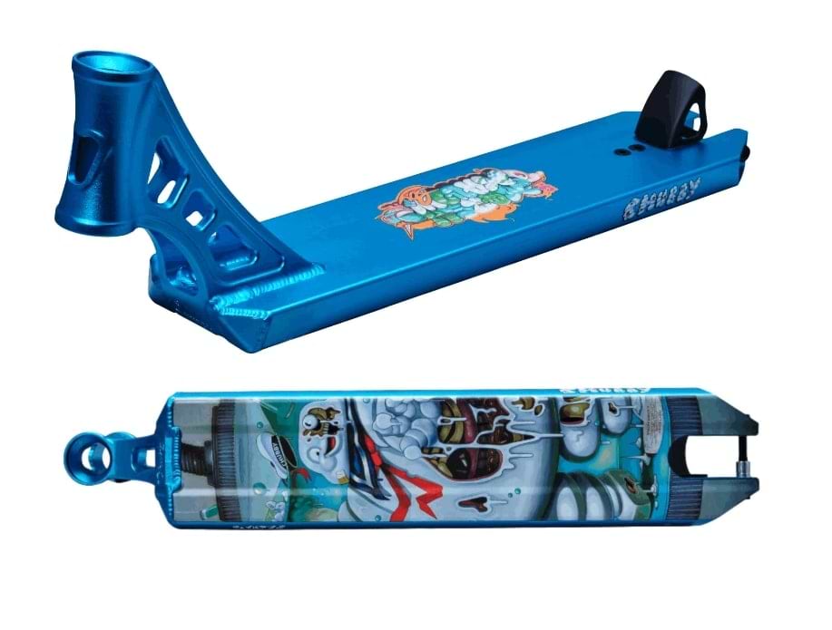 The Chubby Loco Marshmallow Boy Blue Stunt Scooter Deck, measuring 4.5" x 19.5", is a lightweight option designed in blue with a dynamic, colorful graphic on the underside. This artwork showcases abstract shapes and lively cartoon characters. The top side is plain blue, featuring cut-out designs near the neck and branded with a logo at the rear—ideal for any stunt scooter enthusiast seeking high quality.