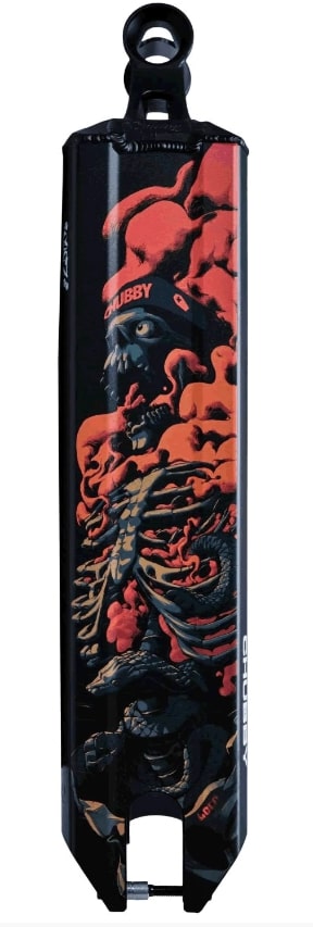 The Chubby Loco Serpent Black stunt scooter deck features a vibrant and dynamic design with an illustration of a fierce dragon intertwined with swirling red smoke. This lightweight Chubby scooter deck's bold black and red colors deliver an intense and powerful visual impact.