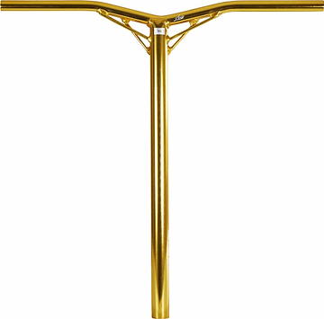 The Logic Axis V2 Aluminium Oversized IHC Stunt Scooter Bars in Gold, measuring 610mm x 610mm, are displayed. These handlebars have a T-shaped design crafted from aluminium, featuring a sleek metallic finish and triangular reinforcements near the top crossbar. This ensures strong support for added stability while maintaining a lightweight construction.