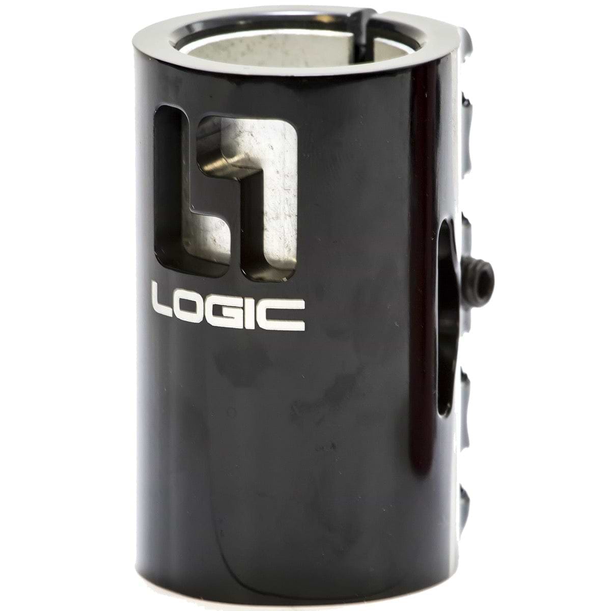 A black cylinder with white text, precisely crafted using CNC machining, featuring the Logic V2 4 Bolt Oversized SCS Stunt Scooter Clamp by Logic for optimal lightness and performance.
