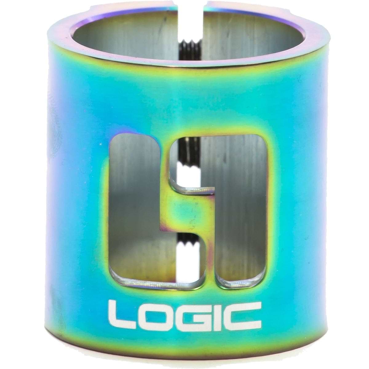 A neochrome oversized stunt scooter clamp with a 3-bolt design and a sleek rectangular layout, featuring the brand name "LOGIC" elegantly displayed in white at the bottom front.