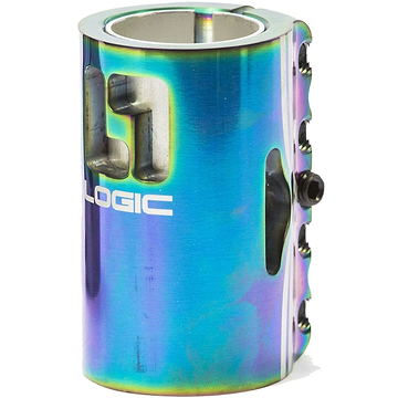 A detailed view of the Logic V2 4 Bolt Oversized SCS Stunt Scooter Clamp in neochrome reveals its metallic, lightweight construction, crafted with precision using CNC machining. The iridescent finish gleams with multicolored tones and prominently features "LOGIC." Multiple bolt holes ensure secure attachment for dependable performance.