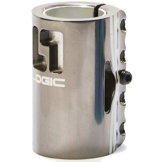 The Logic V2 4 Bolt Oversized SCS Stunt Scooter Clamp - Polished, by Logic, is a lightweight scooter clamp with CNC machining and four bolt holes. Featuring a polished metallic finish and brand logo on the side, it secures the handlebar to the scooter effectively.