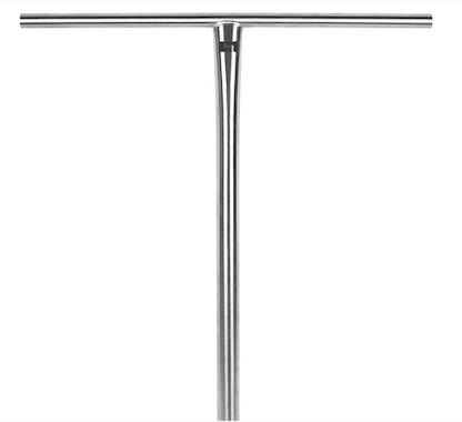 A Logic Apollo Titanium V2 oversized SCS stunt scooter bar by Logic, showcasing a T-shaped design and raw metallic finish. This lightweight titanium scooter bar measures 710mm in height and 635mm in width, featuring a vertical stem with a horizontal grip, all set against a plain white background.
