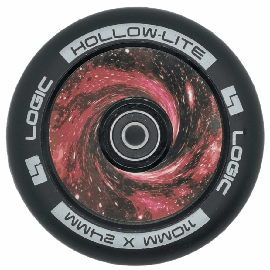 The Logic Hollow Lite 110mm Stunt Scooter Wheel - Vortex Red displays cutting-edge Hollow Lite technology in its circular design. The center is adorned with a mesmerizing red and pink galaxy-like swirl pattern, while the black outer edge is inscribed with "LOGIC HOLLOW-LITE 110MM X 24MM," promising exceptional performance complemented by ABEC 11 bearings.