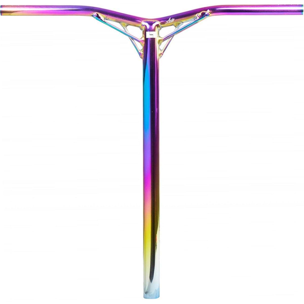 Logic Axis Aluminium Oversized SCS Stunt Scooter Bars by Logic, Neochrome finish (610mm x 610mm), feature a metallic rainbow color, T-shaped design, lightweight aluminum construction, and central support bar against a white background.
