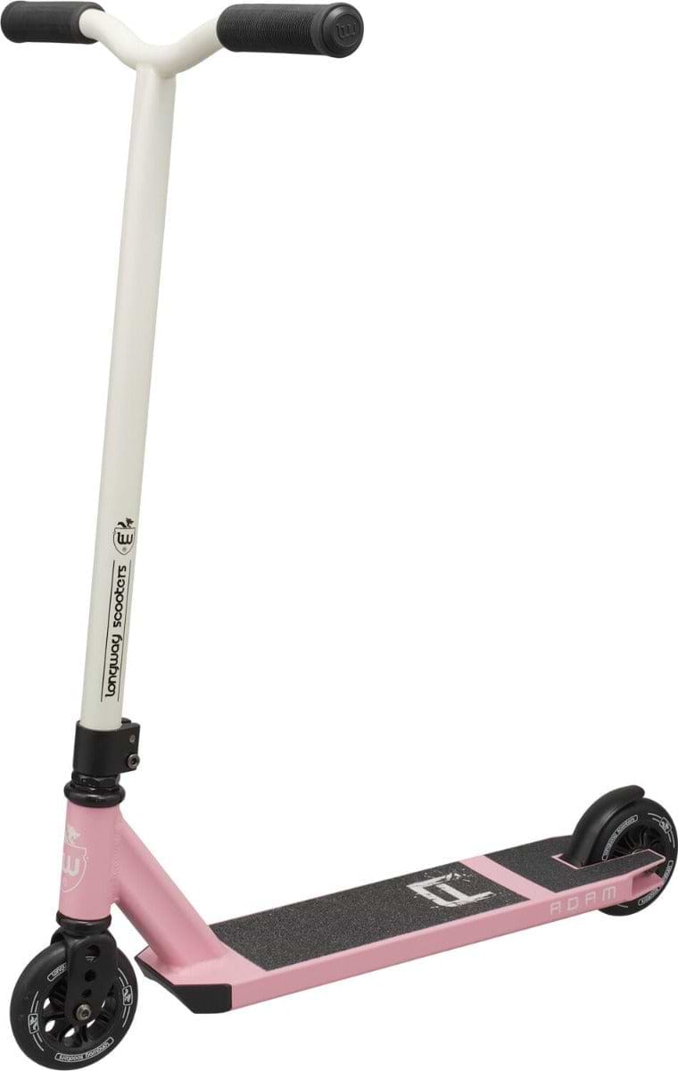 The Longway Adam Complete Stunt Scooter, ideal for younger riders, showcases a white handlebar paired with a durable pink aluminium deck. It is equipped with black wheels and grips, complete with griptape and branding positioned near the rear wheel for enhanced style.