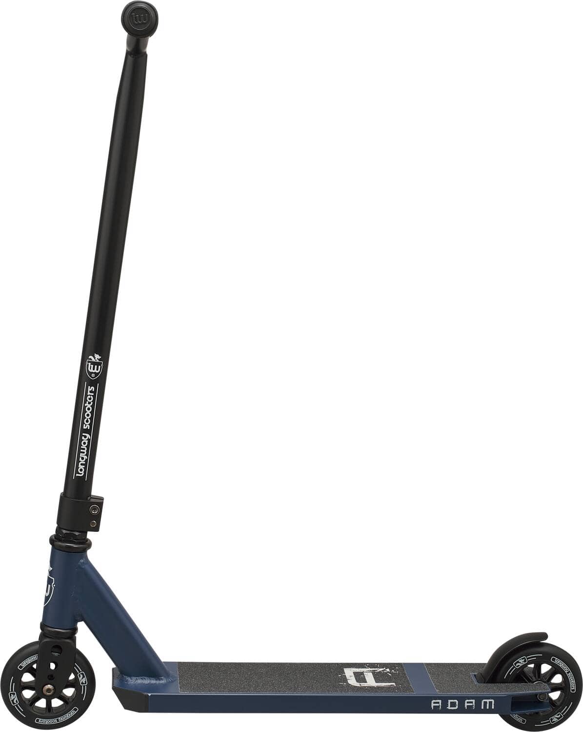 The Longway Adam Complete Stunt Scooter in Midnight Blue is ideal for beginners and is depicted from the side, showcasing a sleek black and blue appearance. It boasts a lightweight design with a black handlebar, while the blue deck prominently displays the name "Adam." The scooter's black wheels are enhanced with stylish white accents.
