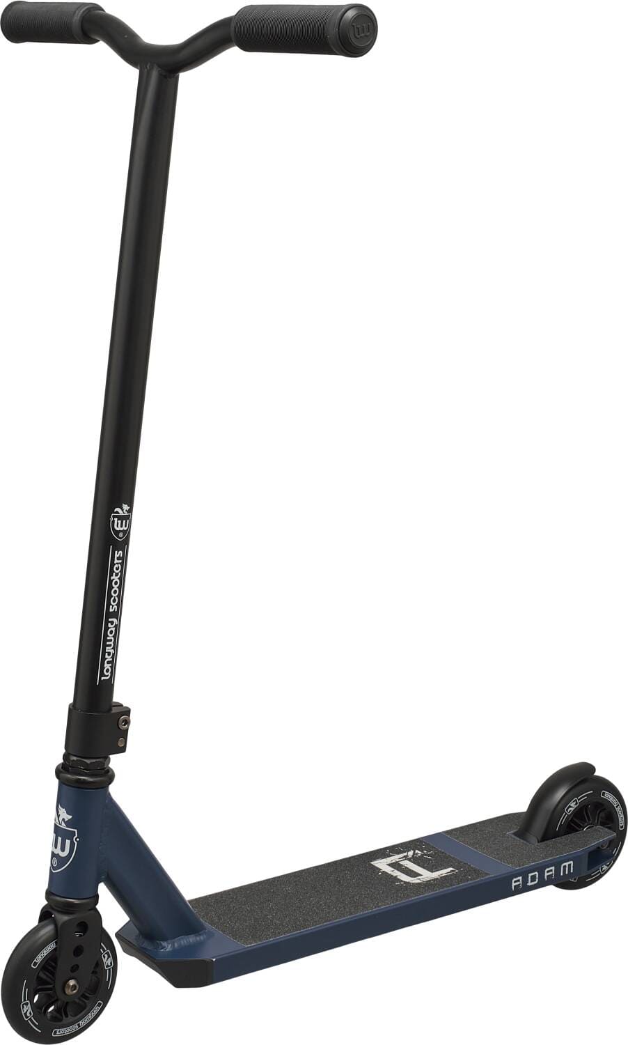 The Longway Adam Complete Stunt Scooter in Midnight Blue is ideal for beginners, showcasing a T-shaped handlebar and two wheels. Its lightweight construction includes a non-slip deck with "Adam" labeling and stylish branding on the frame, making it perfect for new riders.