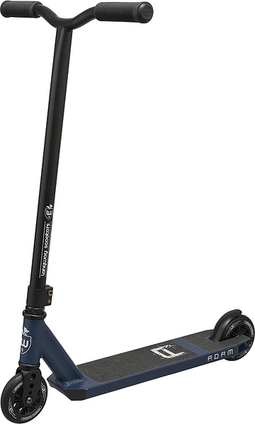 The Longway Adam Complete Stunt Scooter in Midnight Blue is ideal for beginners, showcasing a T-shaped handlebar and two wheels. Its lightweight construction includes a non-slip deck with "Adam" labeling and stylish branding on the frame, making it perfect for new riders.