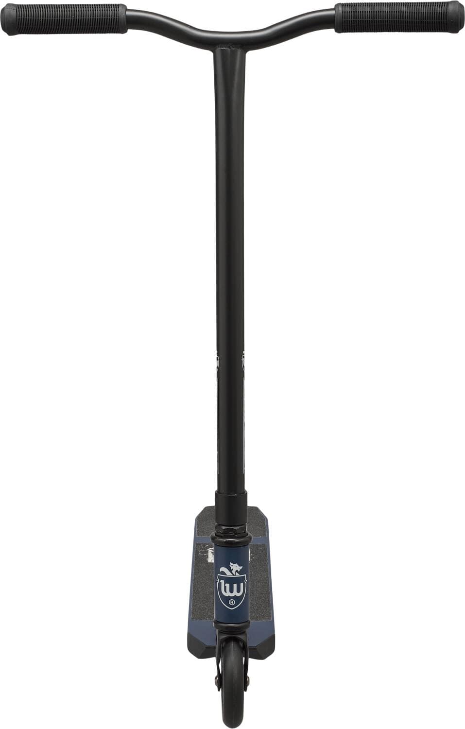 A Midnight Blue Longway Adam Complete Stunt Scooter viewed from the front showcases a T-shaped handlebar with grips, a single front wheel, and a deck adorned with a logo design. Lightweight and perfect for beginners, this scooter features a sleek, minimalist aesthetic.