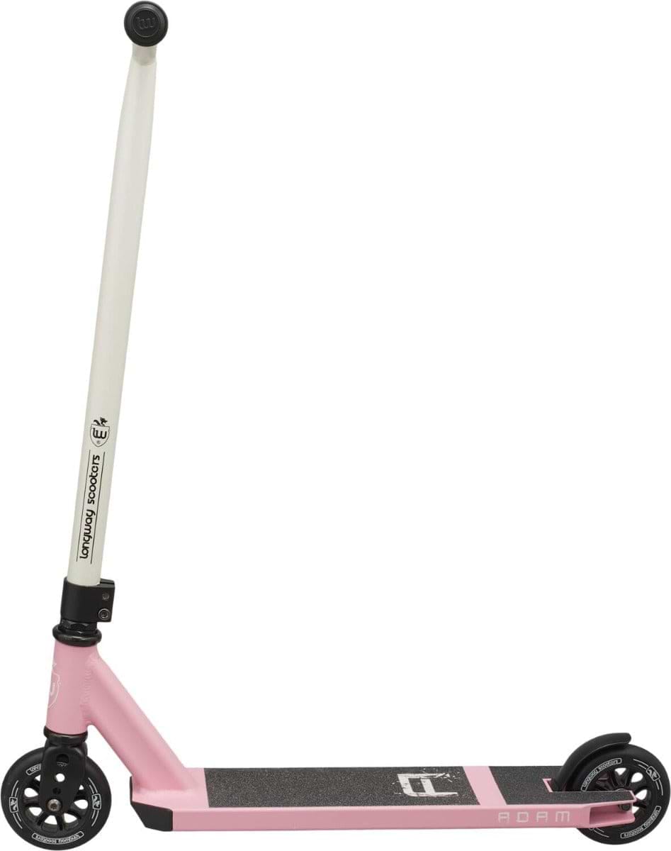The Longway Adam Complete Stunt Scooter - White / Pink is ideal for younger riders, showcasing a sleek, simple design with a pink and white color scheme. It features an aluminium deck for enhanced durability, black wheels for smooth rides, and a textured footplate to ensure grip. The handlebars are fitted with comfortable black grips.