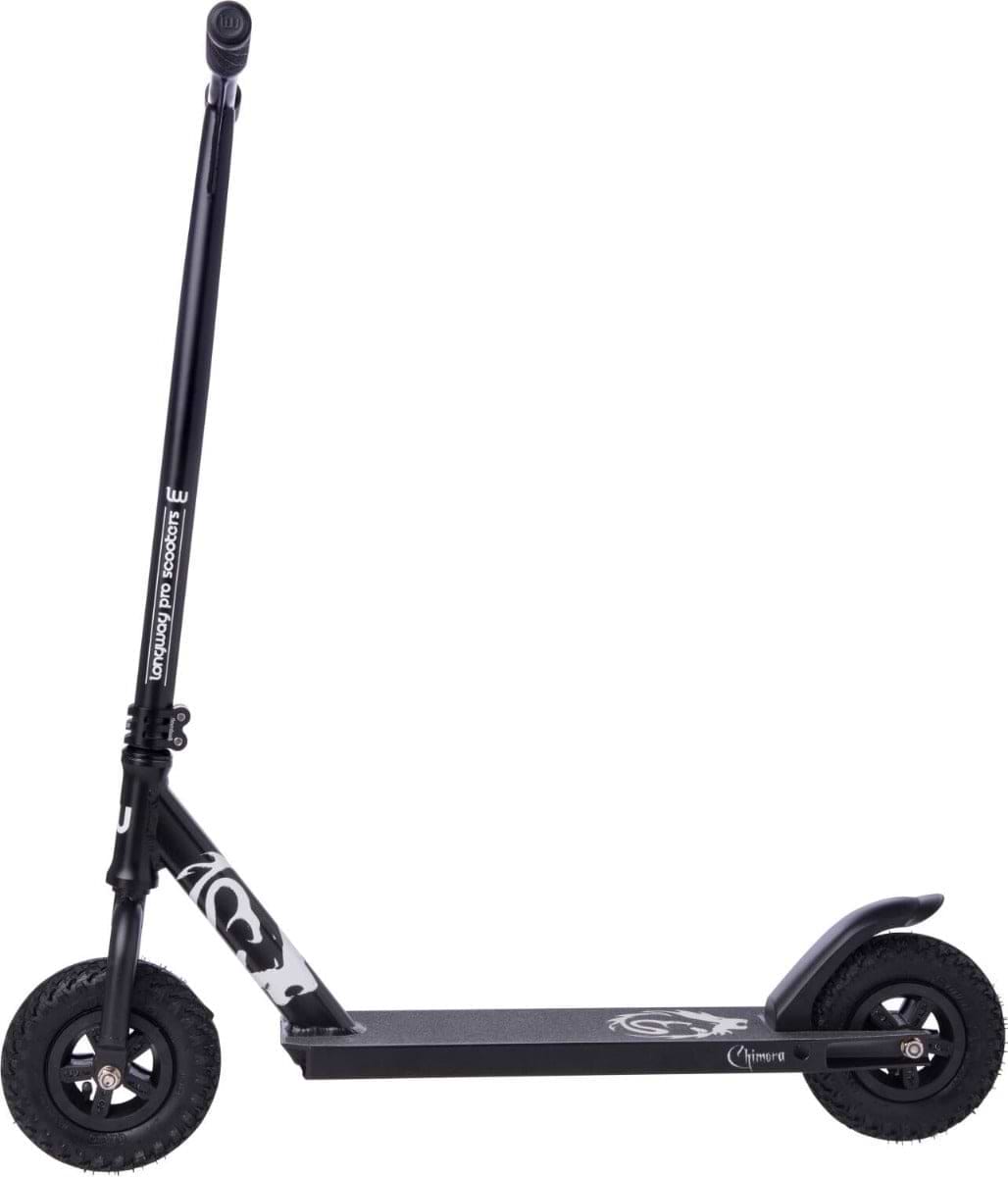 The Longway Chimera Complete Dirt Scooter - Black from Longway comes equipped with thick, durable pneumatic tyres ideal for tackling off-road tracks. It boasts a sleek deck and a robust T-shaped handlebar adorned with subtle white graphics, complemented by a straightforward brake on the rear wheel.