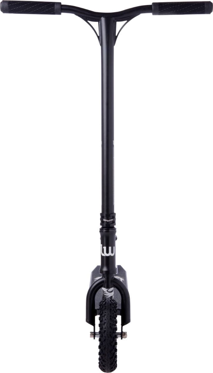 Front view of the Longway Chimera Complete Dirt Scooter - Black, showcasing its wide handlebar and robust textured front wheel. The sleek design is tailored for off-road tracks, with durable pneumatic tires and the Longway brand logo prominently displayed on the frame.