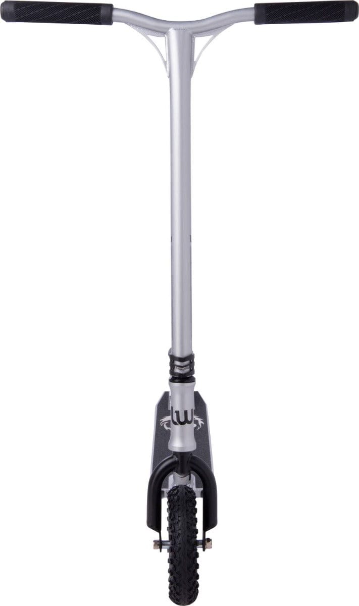 Front view of the Longway Chimera Complete Dirt Scooter in a sleek raw finish, designed for off-road tracks, featuring a straight handlebar and a single front wheel with pneumatic tires.