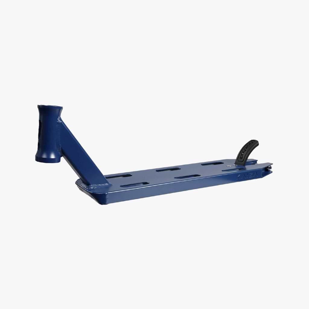 The Longway S-Line Kaiza+ Midnight Blue Stunt Scooter Deck, measuring 4.5" x 19", showcases a sleek and minimalist design in blue, with various cutouts to reduce weight and increase agility. Equipped with titanium bolts for added durability and a rear plastic brake, this deck is perfect for park riders seeking to perform tricks and stunts confidently.