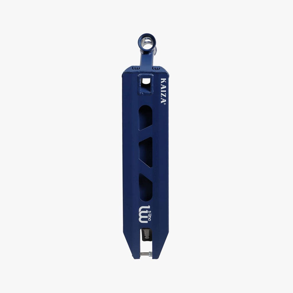 A midnight blue item featuring white text, echoing the elegant design of the Longway S-Line Kaiza+ Stunt Scooter Deck.