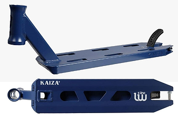 The Longway S-Line Kaiza+ Midnight Blue Stunt Scooter Deck, measuring 4.5" x 19", is perfect for park riders with its striking blue metal finish and logo cutouts. The top features a foot grip area with three slots, while the side displays the "KAIZA+" branding and another logo next to an angular rear wheel slot. It comes equipped with durable titanium bolts for added strength.