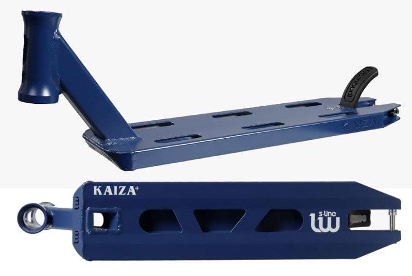 The Longway S-Line Kaiza+ Midnight Blue Stunt Scooter Deck, measuring 4.5" x 19", is perfect for park riders with its striking blue metal finish and logo cutouts. The top features a foot grip area with three slots, while the side displays the "KAIZA+" branding and another logo next to an angular rear wheel slot. It comes equipped with durable titanium bolts for added strength.