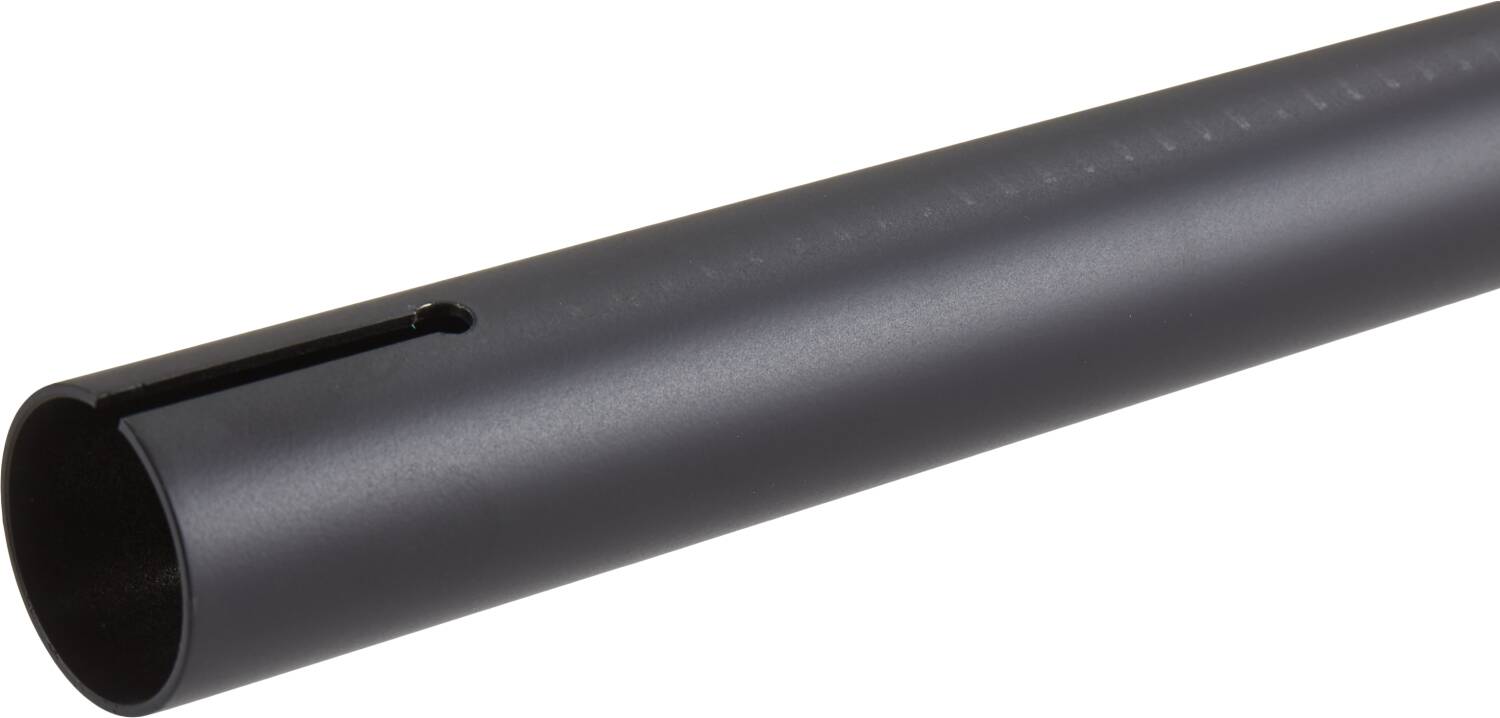 A sleek black metal tube with a narrow slit down its length, reminiscent of the Longway Kronos Titanium Oversized HIC Stunt Scooter T-Bars in black (700mm x 610mm), is viewed against a pristine white background.