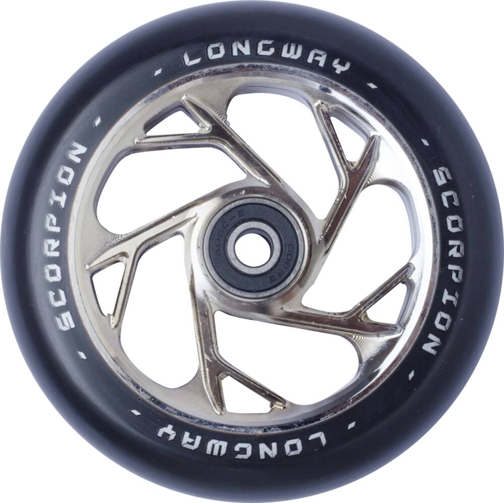 A close-up image of a Longway Scorpion 110mm Stunt Scooter Wheel in chrome, highlighting its metallic, intricately designed dual-core. The black tire displays "LONGWAY" and "SCORPION" in white on the outer rim, featuring high-speed ABEC 9 bearings for a smooth ride.