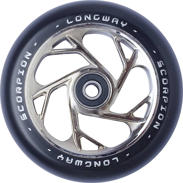 A close-up image of a Longway Scorpion 110mm Stunt Scooter Wheel in chrome, highlighting its metallic, intricately designed dual-core. The black tire displays "LONGWAY" and "SCORPION" in white on the outer rim, featuring high-speed ABEC 9 bearings for a smooth ride.