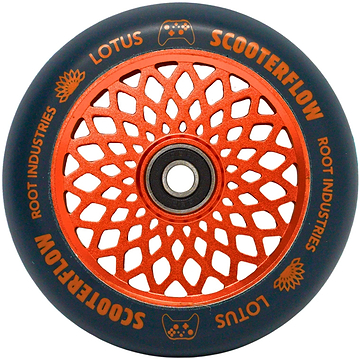 A blue and orange Root Industries Lotus 110mm Stunt Scooter Wheel showcasing an eye-catching lotus pattern at its center. The tire features the words “SCOOTERFLOW,” “ROOT INDUSTRIES,” and “LOTUS,” along with intricate lotus flower and game controller icons—an iconic design from Root Industries that’s perfect for scooter wheel enthusiasts.