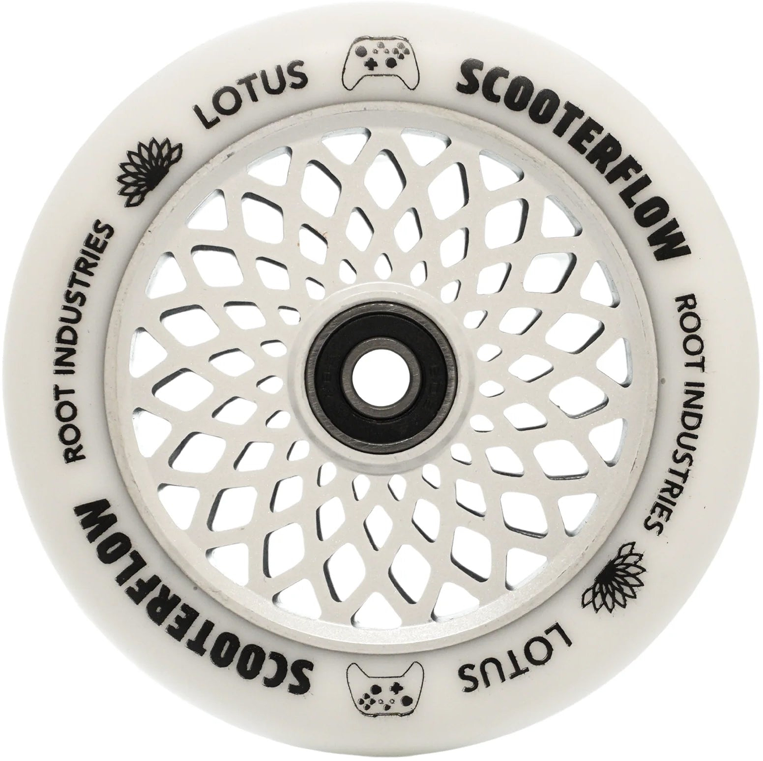 The Root Industries Lotus 110mm Stunt Scooter Wheel - White / White features a white design with an intricate black web-like pattern and is adorned with “SCOOTERFLOW,” “ROOT INDUSTRIES,” and “LOTUS” labels, as well as small lotus and game controller icons along the edge. Designed by Root Industries, this wheel is equipped with high-performance ABEC 11 bearings for both stylish looks and a smooth ride on your scooter setup.