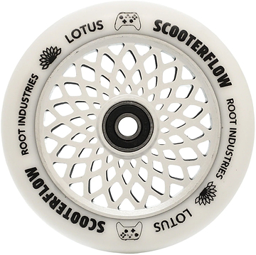 The Root Industries Lotus 110mm Stunt Scooter Wheel - White / White features a white design with an intricate black web-like pattern and is adorned with “SCOOTERFLOW,” “ROOT INDUSTRIES,” and “LOTUS” labels, as well as small lotus and game controller icons along the edge. Designed by Root Industries, this wheel is equipped with high-performance ABEC 11 bearings for both stylish looks and a smooth ride on your scooter setup.