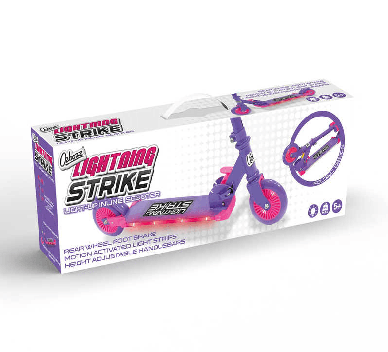 The image features the Ozbozz Lightning Strike Foldable Light Up Kick Scooter in pink and purple. This scooter boasts LED deck lighting, a rear wheel foot brake, and adjustable handlebars. Suitable for children aged 5 and up.