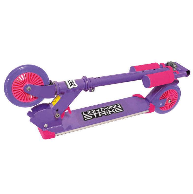 The folded Ozbozz Lightning Strike Kick Scooter in pink and purple features large wheels on a white background, with "LIGHTNING STRIKE" boldly emblazoned across its LED deck.