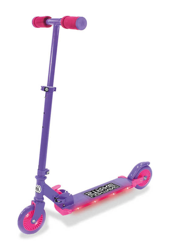 The Ozbozz Lightning Strike Foldable Light Up Kick Scooter in pink and purple shines with vibrant colors and features red handle grips and wheels. It boasts a folding mechanism, LED deck, sleek black “Skye Aqua” surface, and a reliable rear brake for style and safety.