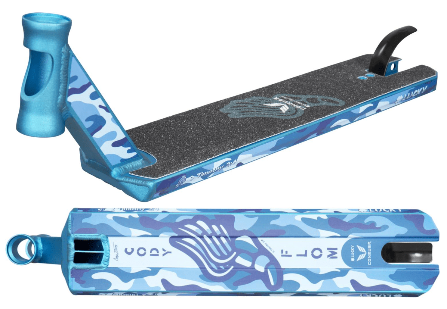 The Lucky Cody Flom Signature V4 Stunt Scooter Deck, measuring 4.8" x 20.5", boasts a striking blue and white camouflage design accented with a unique hand graphic. Perfect for the scootering community, it is equipped with a blue head tube and grip surface featuring coordinated designs that ensure it stands out at any skatepark.