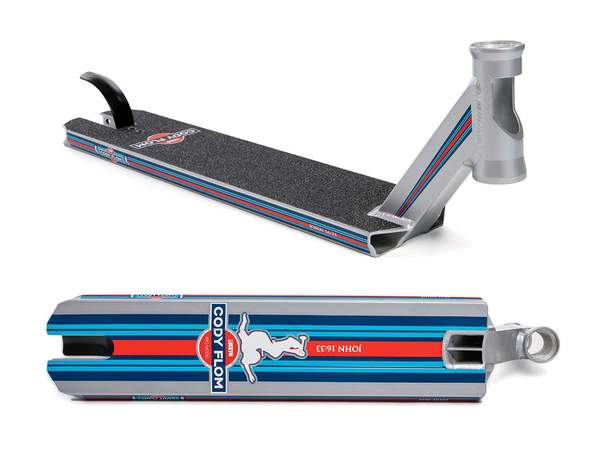 The Lucky Cody Flom Signature V3 Stunt Scooter Deck from Lucky is a metallic deck measuring 4.8" x 20.5", featuring an eye-catching design in red, blue, and silver. It prominently displays a logo alongside a figure holding a scooter, while the black grip tape also bears the logo. Shown from top and side perspectives, it's ideal for dedicated scooter enthusiasts.