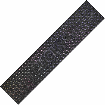 Introducing the Lucky Grippertape Stunt Scooter Griptape - Flamingo: This griptape features a wear-resistant black base adorned with a pattern of small colorful stars. At the center, it showcases the embossed word "LUCKY" along with a four-leaf clover design, all backed by durable 3M adhesive for secure application.