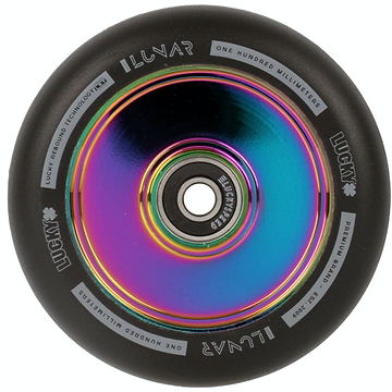 The Lucky Lunar 100mm Stunt Scooter Wheel in Neochrome features a vibrant iridescent hub with a black tire, ideal for scooter builds. It prominently displays the Lucky brand logo and name, highlighting its 100-millimeter size. The metallic central hub includes a visible bearing and utilizes Lucky Rebound Technology for smooth rides.