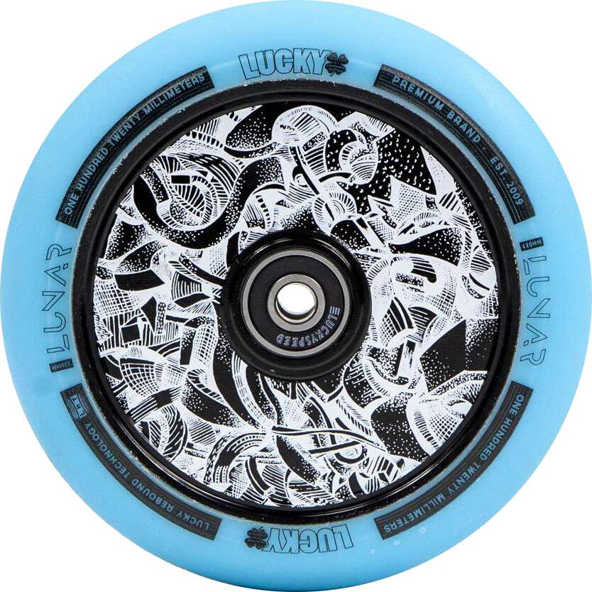 A detailed view of a teal scooter wheel with elaborate black and white abstract patterns at its core. Branded with "LUV Air" and "Lucky," this Lucky Lunar 120mm Stunt Scooter Wheel is designed for both performance and style, featuring Lucky Rebound Technology for a smoother ride.