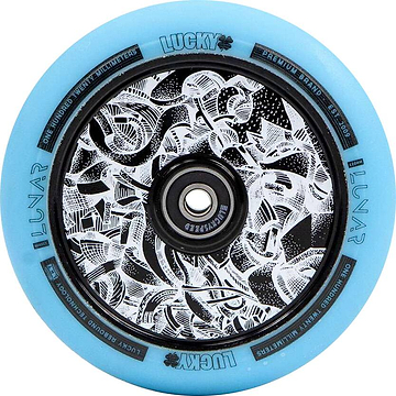 A detailed view of a teal scooter wheel with elaborate black and white abstract patterns at its core. Branded with "LUV Air" and "Lucky," this Lucky Lunar 120mm Stunt Scooter Wheel is designed for both performance and style, featuring Lucky Rebound Technology for a smoother ride.