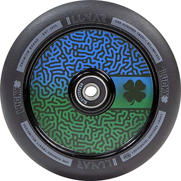 Introducing the Lucky Lunar 120mm Stunt Scooter Wheel - Maze, showcasing a vibrant design with intricate green and blue patterns on a black outer rim. At its center is a clover symbol, emphasizing the Lucky Rebound Technology. The wheel features the text “LUNAR,” “LUCKY,” and detailed specifications along its edge—ideal for creative scooter builds.