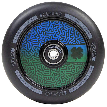 Introducing the Lucky Lunar 110mm Stunt Scooter Wheel - Maze, featuring a dynamic blue and green labyrinth design. The rim proudly displays the "Lucky Lunar" name alongside a central clover graphic. Ideal for creating eye-catching scooter builds, this wheel incorporates Lucky Rebound Technology to ensure a seamless ride experience.