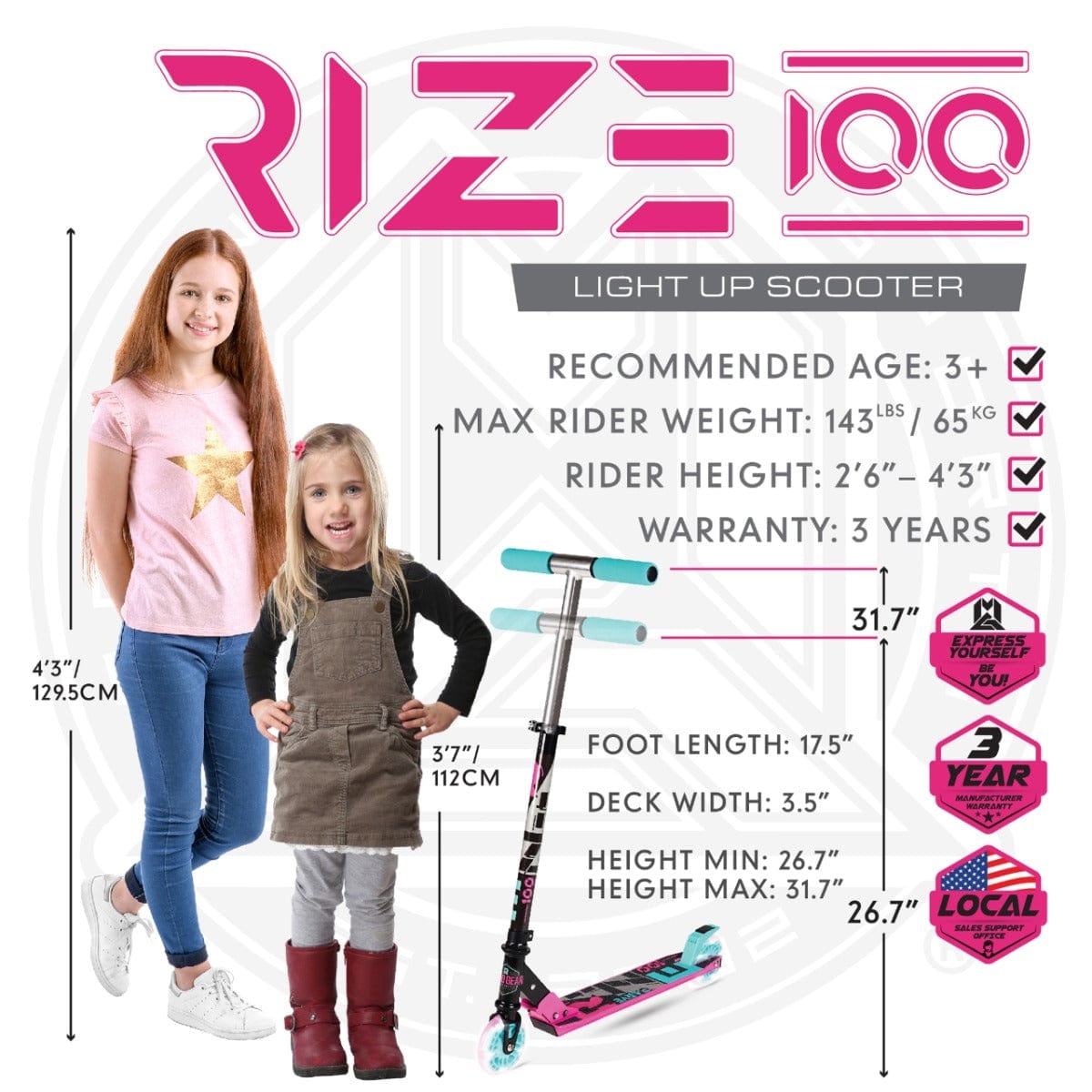 Two children stand beside the pink Madd Gear Carve Rize Foldable Light Up Kick Scooter - Dreams. It's suitable for ages 3+, supports up to 143 lbs, accommodates riders from 2'6" to 4'6", and comes with a 3-year warranty. The scooter features LED wheels and a playful design.