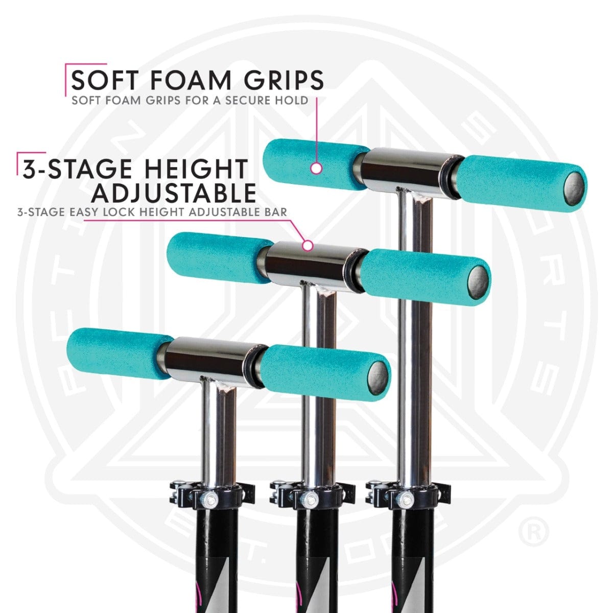 Image of the Madd Gear Carve Rize Foldable Kick Scooter in turquoise, featuring soft foam grips and a 3-stage height adjustable bar. The three versions of handlebars are shown at varying heights against a white background. Text highlights adaptable fun.