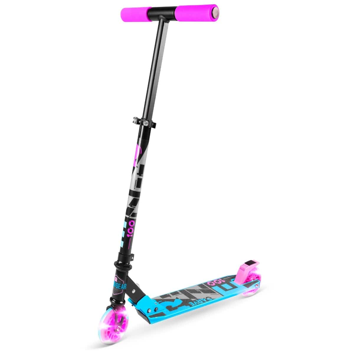 The Madd Gear Carve Rize Foldable Light Up Kick Scooter - Dreams by Madd Gear (MGP) features a black and pink design with a blue deck, pink grips, and wheels. The front wheel glows pink, and "RENEGADE" boldly decorates the deck—ideal for those seeking an impressive ride.