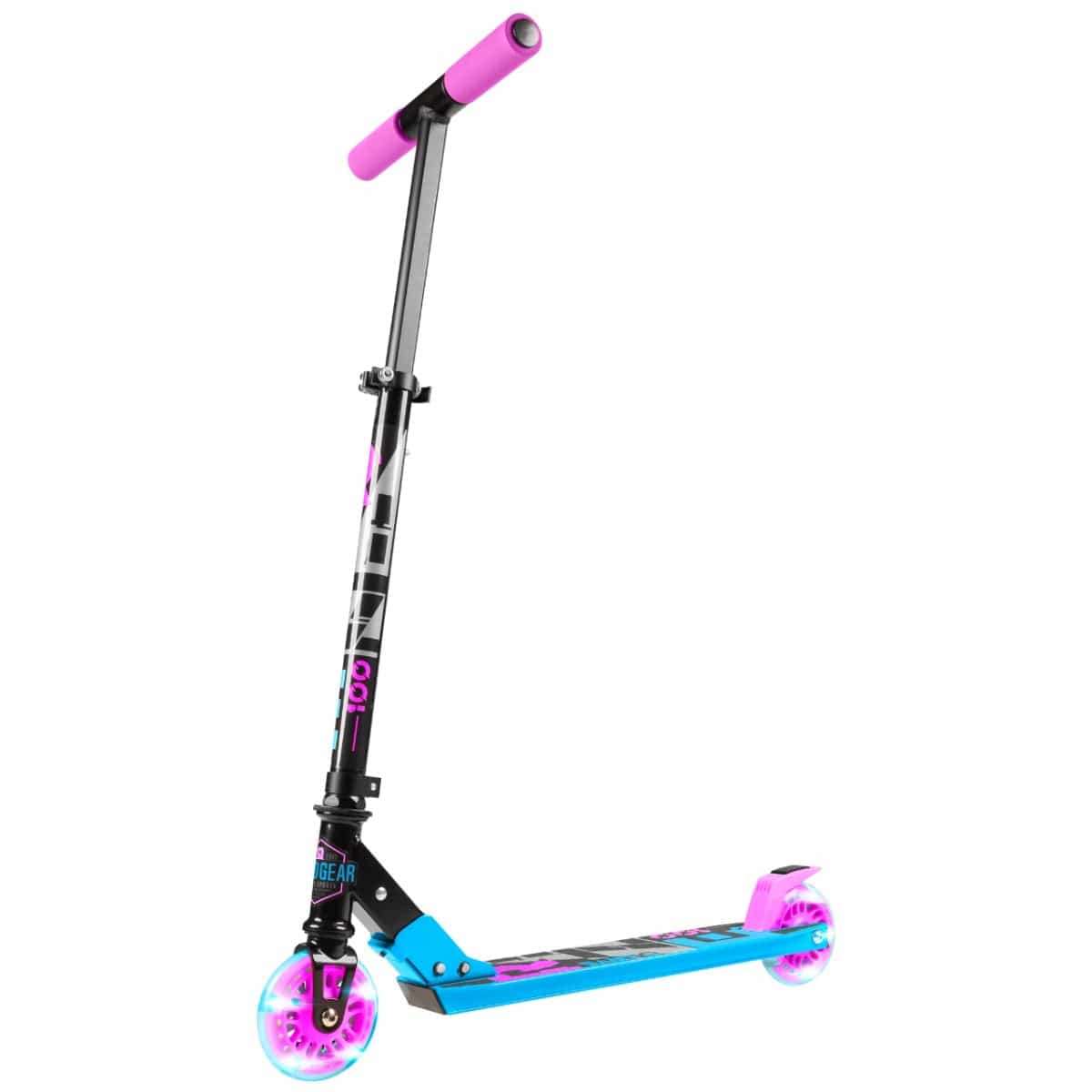 The Madd Gear (MGP) Carve Rize Foldable Light Up Kick Scooter - Dreams has vibrant pink handlebars and light-up wheels. Its black and blue frame with light pink accents and colorful deck graphics create a sleek, stylish, and functional design.