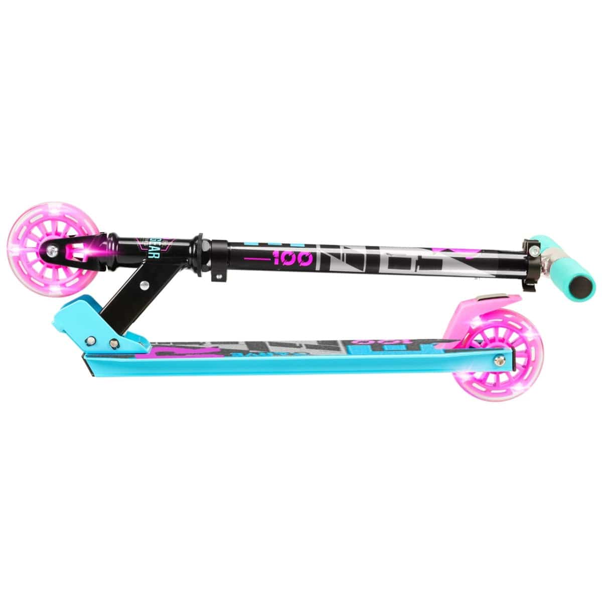 The Madd Gear Carve Rize Foldable Light Up Kick Scooter - Dreams by MGP features pink and turquoise wheels and handlebars, with a black frame enhanced by vibrant decals for a stylish look.
